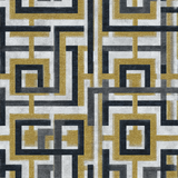 Abstract geometric wallpaper with gold, gray, and blue maze pattern.