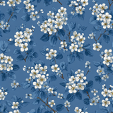 Floral wallpaper with white blooms by Seabrook Designs featuring a blue background and leaf patterns.
