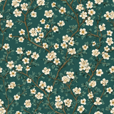 Floral wallpaper with a teal background featuring off-white blossoms, leaves, and brown branches.