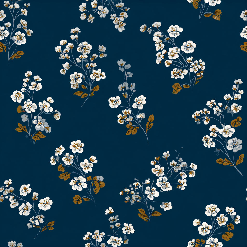 Floral Vera Grace Wallpaper with white blossom pattern against a navy background.