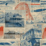 Shoreline Souvenir Wallpaper with blue and red illustrations, nostalgic travel theme, and collage pattern.
