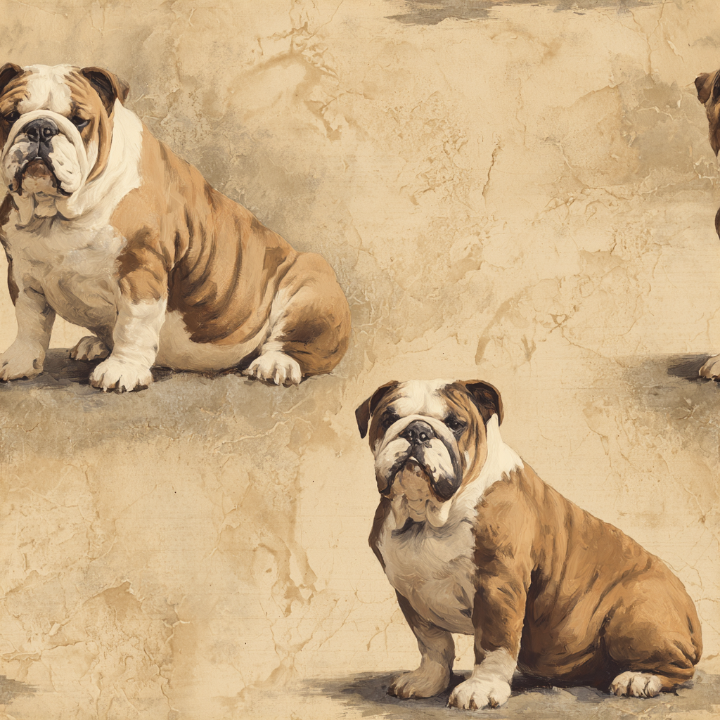 Tan wallpaper with bulldog pattern from Regent’s Quarry, featuring a distressed, textured effect.