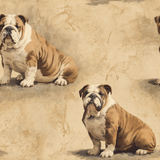 Tan wallpaper with bulldog pattern from Regent’s Quarry, featuring a distressed, textured effect.