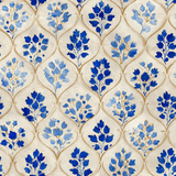Floral wallpaper with trellis pattern and blue flower sprigs on a textured background.