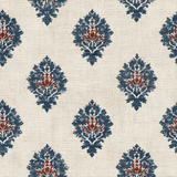 Indigo crest wallpaper with blue and red floral damask pattern on a textured beige background.