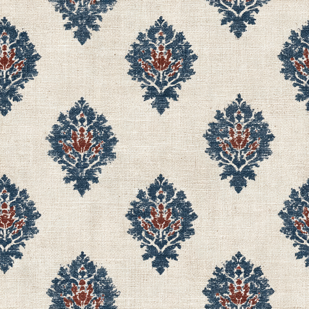 Indigo crest wallpaper with blue and red floral damask pattern on a textured beige background.
