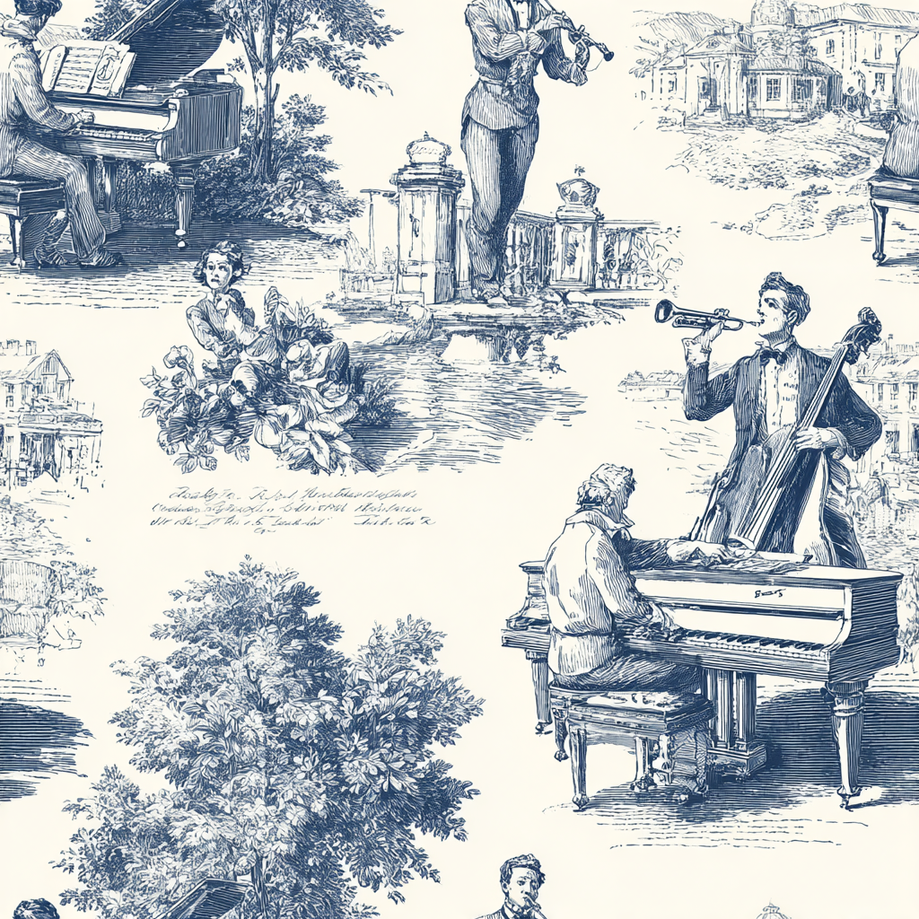 Blue toile Harmonie wallpaper depicting classical musical scenes and architecture.