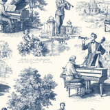 Blue toile Harmonie wallpaper depicting classical musical scenes and architecture.