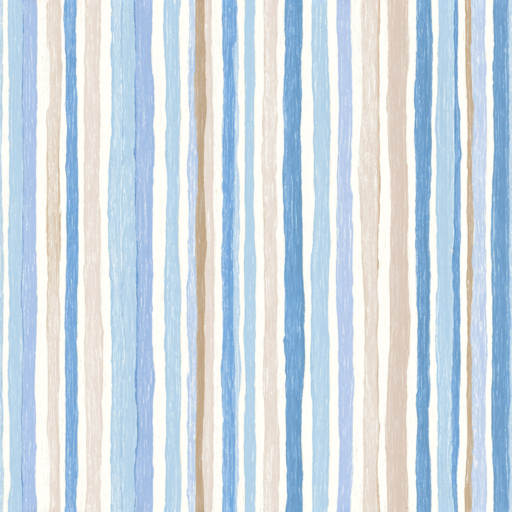Striped wallpaper with blue, tan, and white pattern by Seabrook, with a textured, hand-painted effect.
