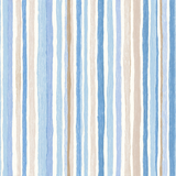 Striped wallpaper with blue, tan, and white pattern by Seabrook, with a textured, hand-painted effect.
