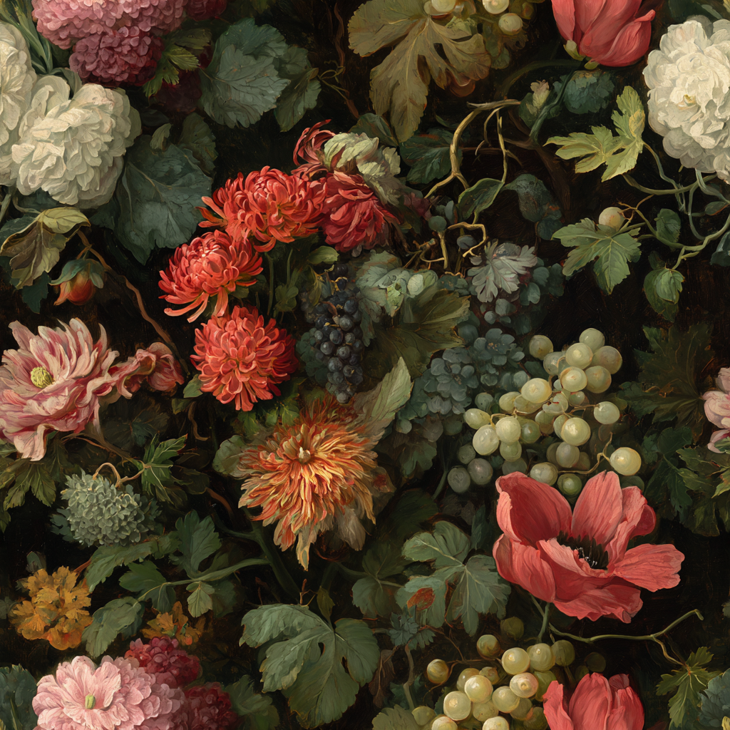 Floral tableau wallpaper with grapes and vine leaves, showing a vintage style.

