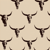 Neutral-toned wallpaper with dark brown bull skull pattern.