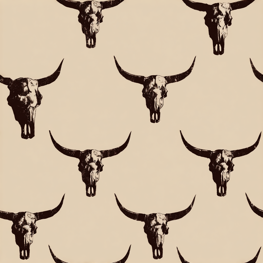 Neutral-toned wallpaper with dark brown bull skull pattern.