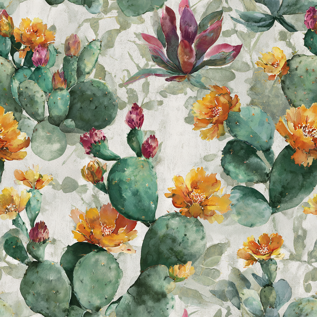 Prickly pear paintings wallpaper with cactus and orange flower pattern on a textured background.