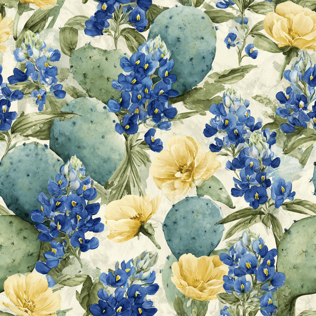 Floral pattern wallpaper with bluebonnet and cactus design on textured background.
