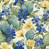 Floral pattern wallpaper with bluebonnet and cactus design on textured background.