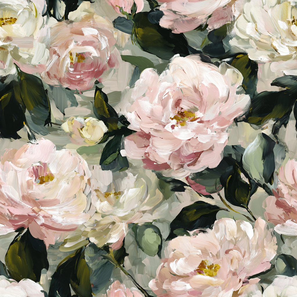 Floral peony reverie wallpaper with painterly-style blossoms and green leaves.