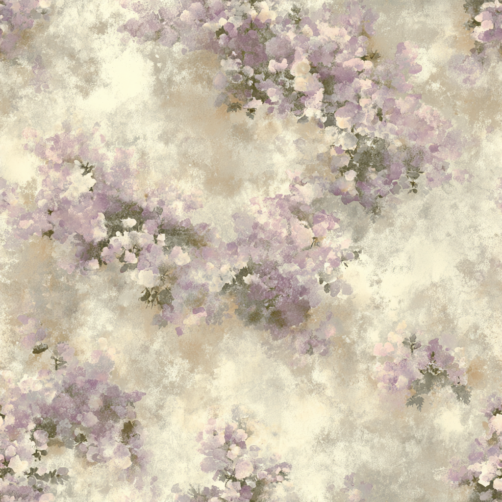 Floral patterned wallpaper with mauve blossoms and mottled texture, sagebrush mist style.