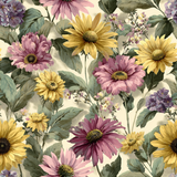 Floral wallpaper with purple, pink, and yellow flowers and green leaves.