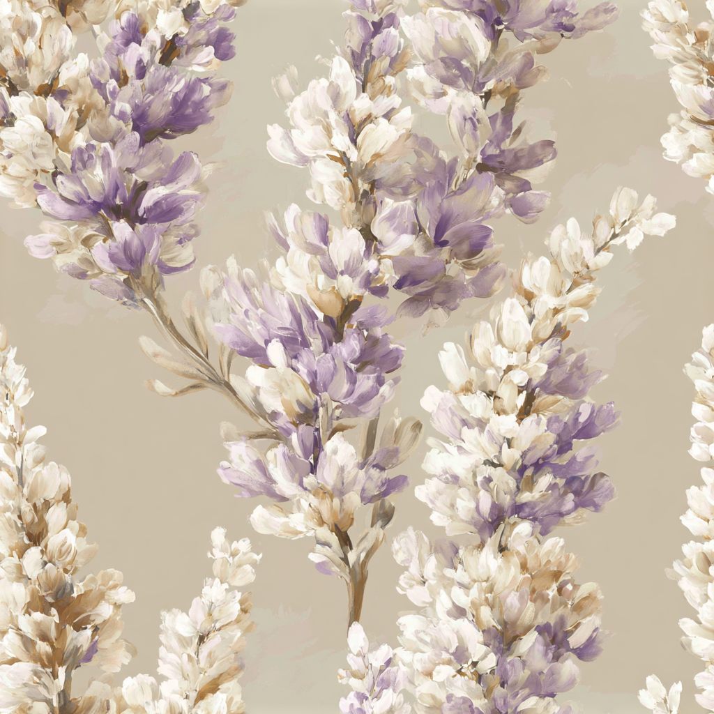 Floral wallpaper with lavender and white blooms, with a botanical pattern and beige background.