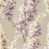 Floral wallpaper with lavender and white blooms, with a botanical pattern and beige background.