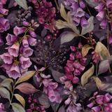Floral wallpaper with purple blooms by [Vendor name], featuring a dark botanical pattern and watercolor texture.
