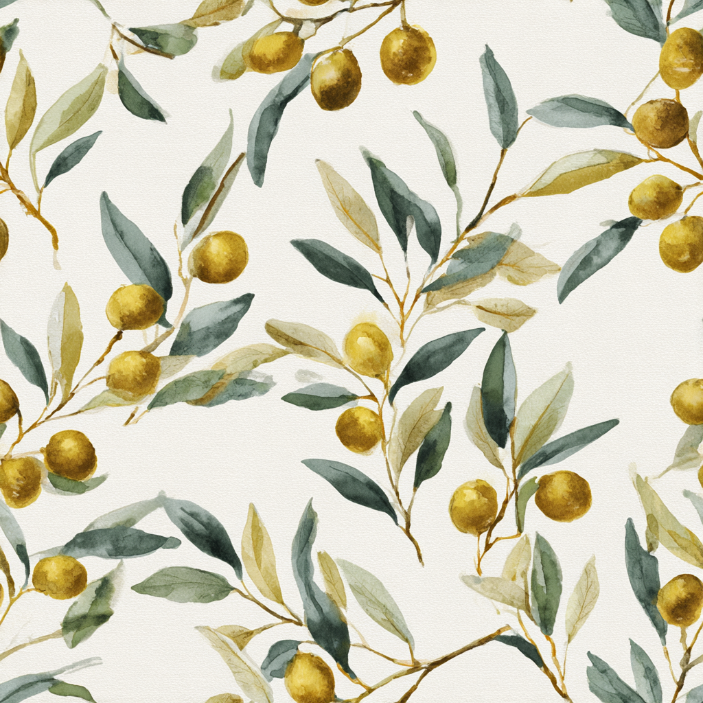 Tuscan Olives wallpaper with branches and leaves, featuring a watercolor pattern.