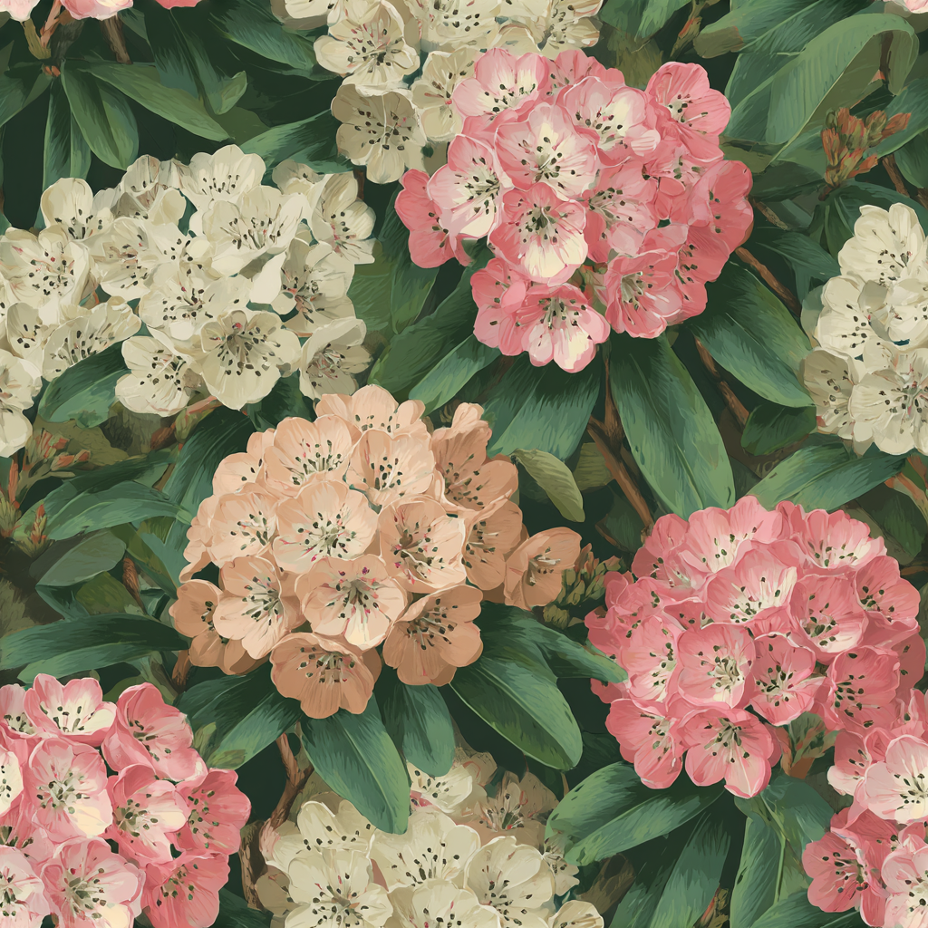 Floral blush wallpaper with boughs pattern from Cole & Son featuring pink, peach, and white flowers with dark green leaves.
