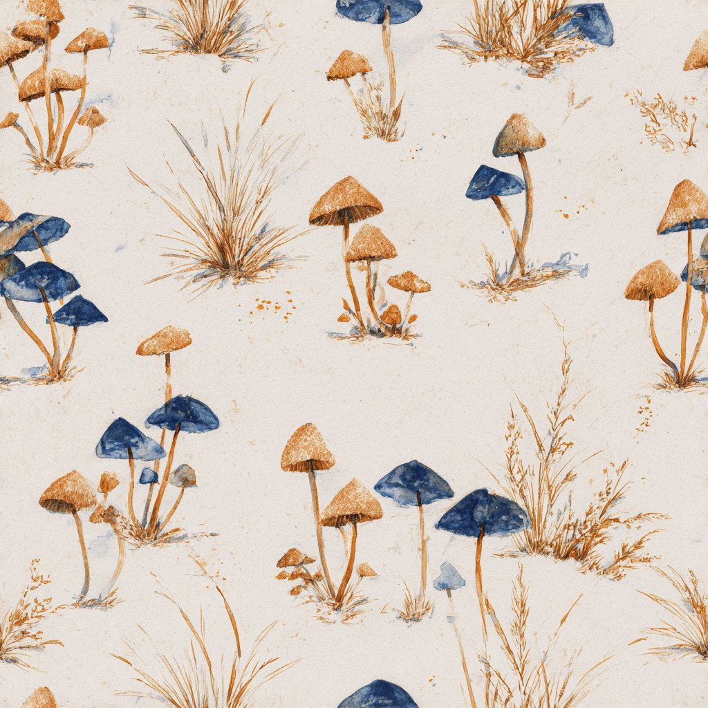 Mushroom wallpaper pattern with indigo and orange hues, featuring watercolor style fungal illustrations.