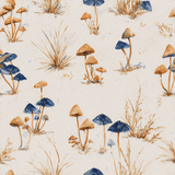 Mushroom wallpaper pattern with indigo and orange hues, featuring watercolor style fungal illustrations.