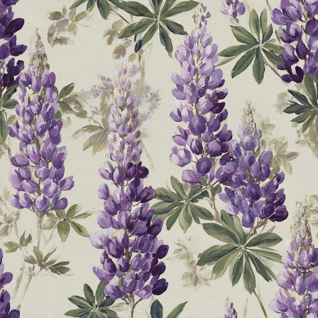 Floral lupine wallpaper with purple blossoms from an unknown brand, featuring green leaves on a textured neutral background.