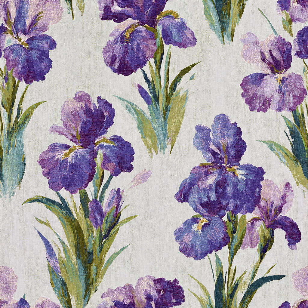 Floral wallpaper with irises from Chorus, featuring a purple, green, and white painted pattern.