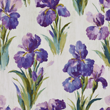 Floral wallpaper with irises from Chorus, featuring a purple, green, and white painted pattern.
