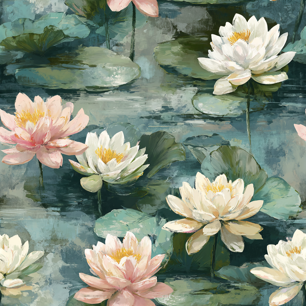 Stillwater Petals wallpaper with a water lily and lily pad pattern.