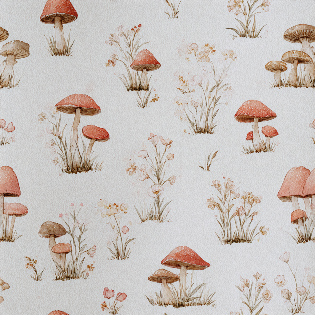 Mushroom themed wallpaper with whimsical forager design featuring watercolor-style mushrooms and floral sprigs.