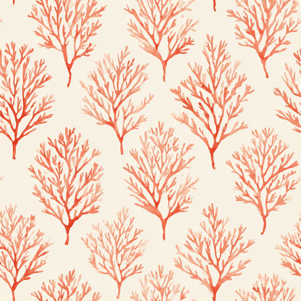 Coralhaven wallpaper with orange watercolor coral pattern on cream background.