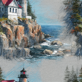 Lighthouse wallpaper with rocky cliffs and ocean view, in coastal style.
