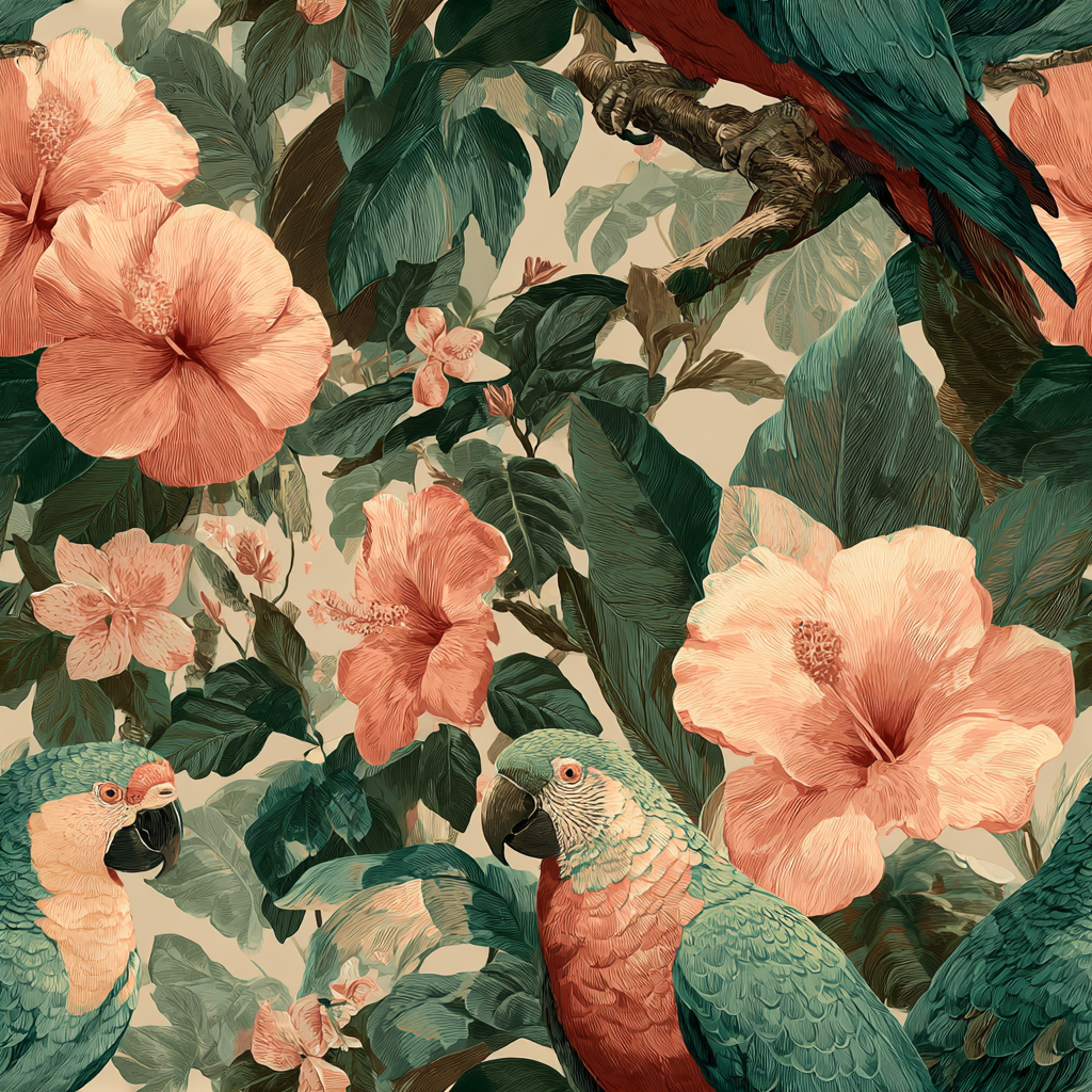 Tropical floral wallpaper with parrots, by Port of Verde, featuring hibiscus flowers and large green leaves.