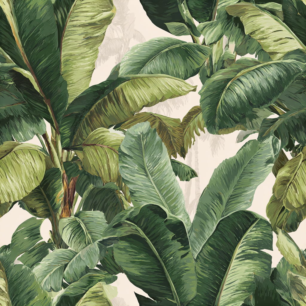 Tropical print wallpaper with green banana leaves and subtle palms in the background.
