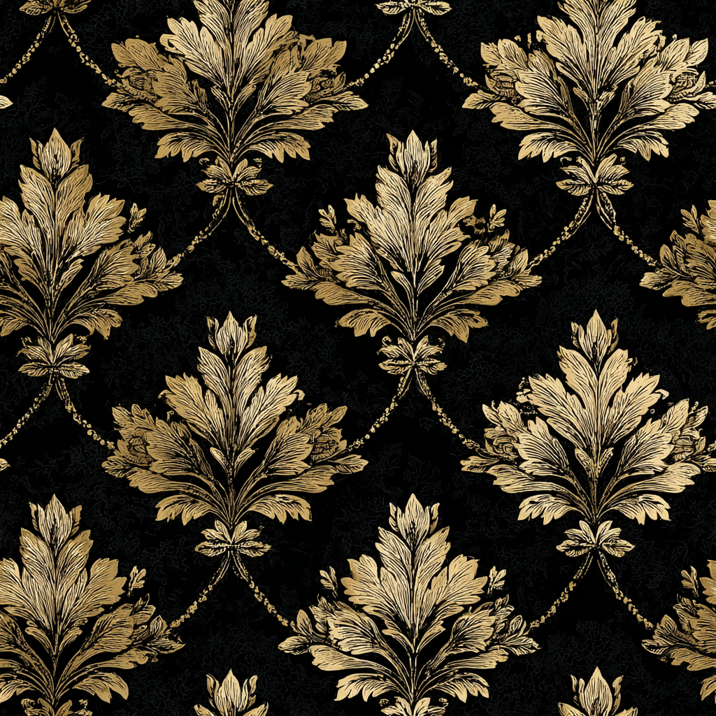 Gilded fleur wallpaper with floral damask pattern against a textured black background.
