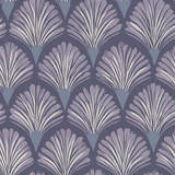 Patterned wallpaper with light purple fan design on dark purple background.
