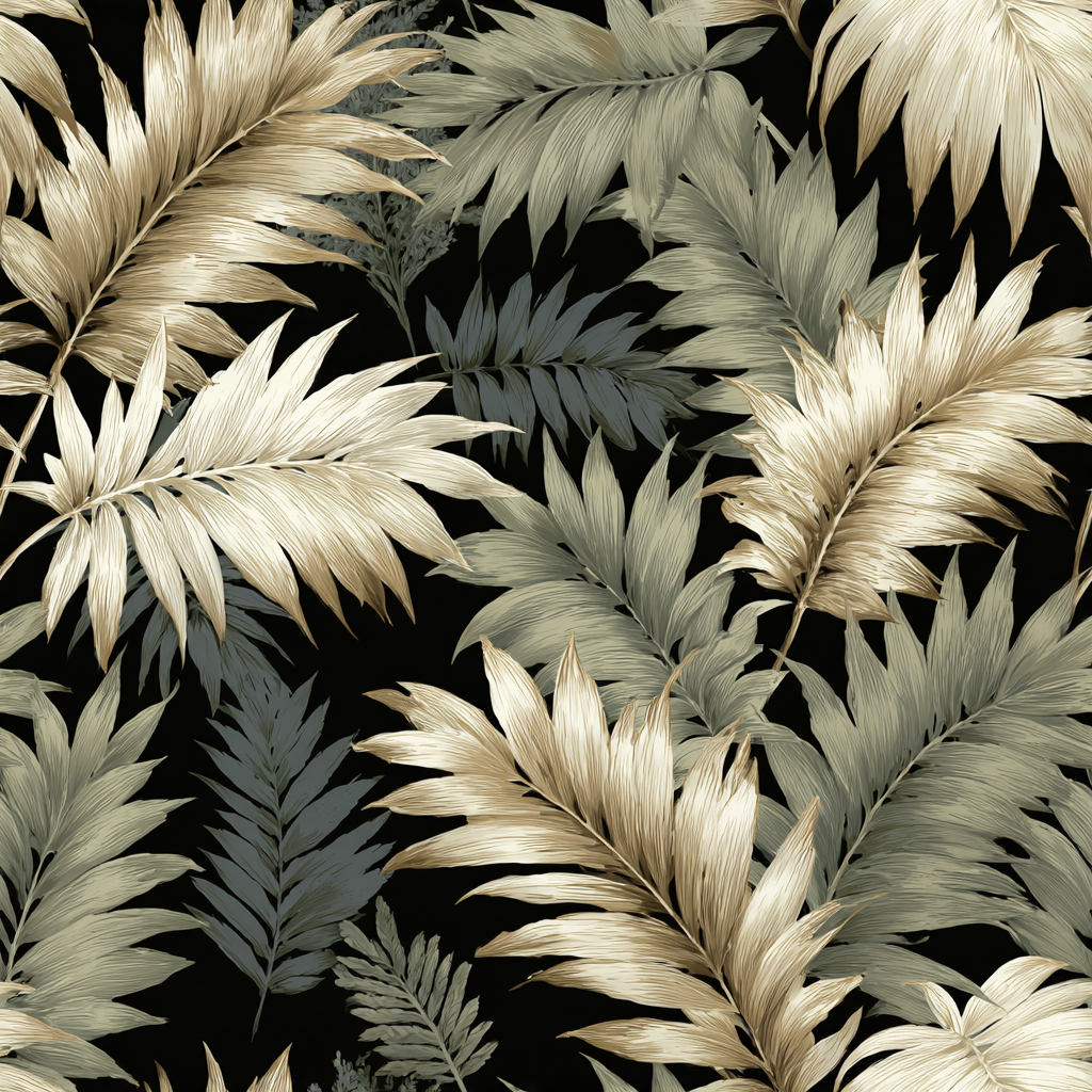 Botanical wallpaper with gold and green palm leaves on a black background.