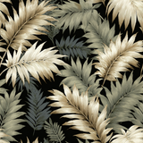 Botanical wallpaper with gold and green palm leaves on a black background.