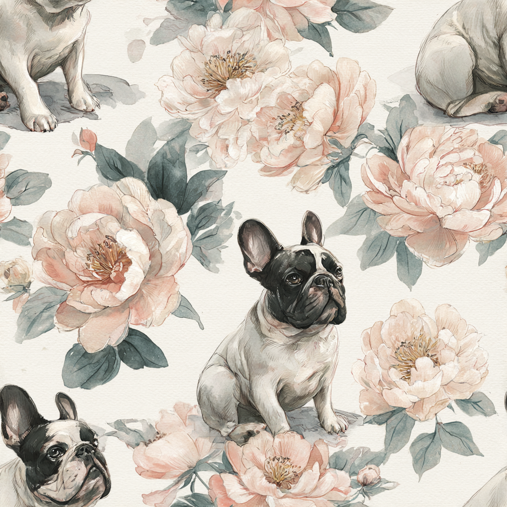 Bulldogs wallpaper with peonies pattern on white background.