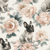Bulldogs wallpaper with peonies pattern on white background.