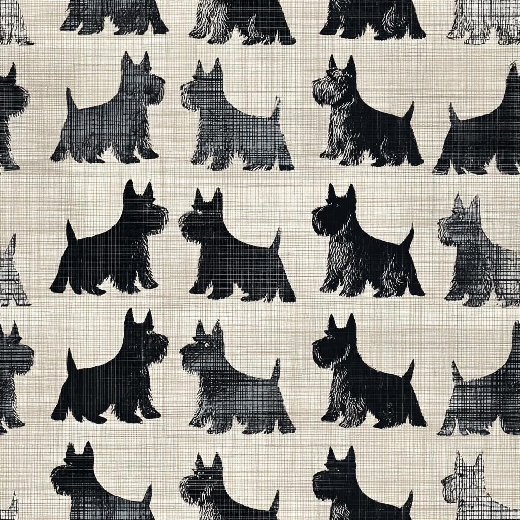 Invergray Terrace wallpaper with dog silhouette pattern and linen texture background.