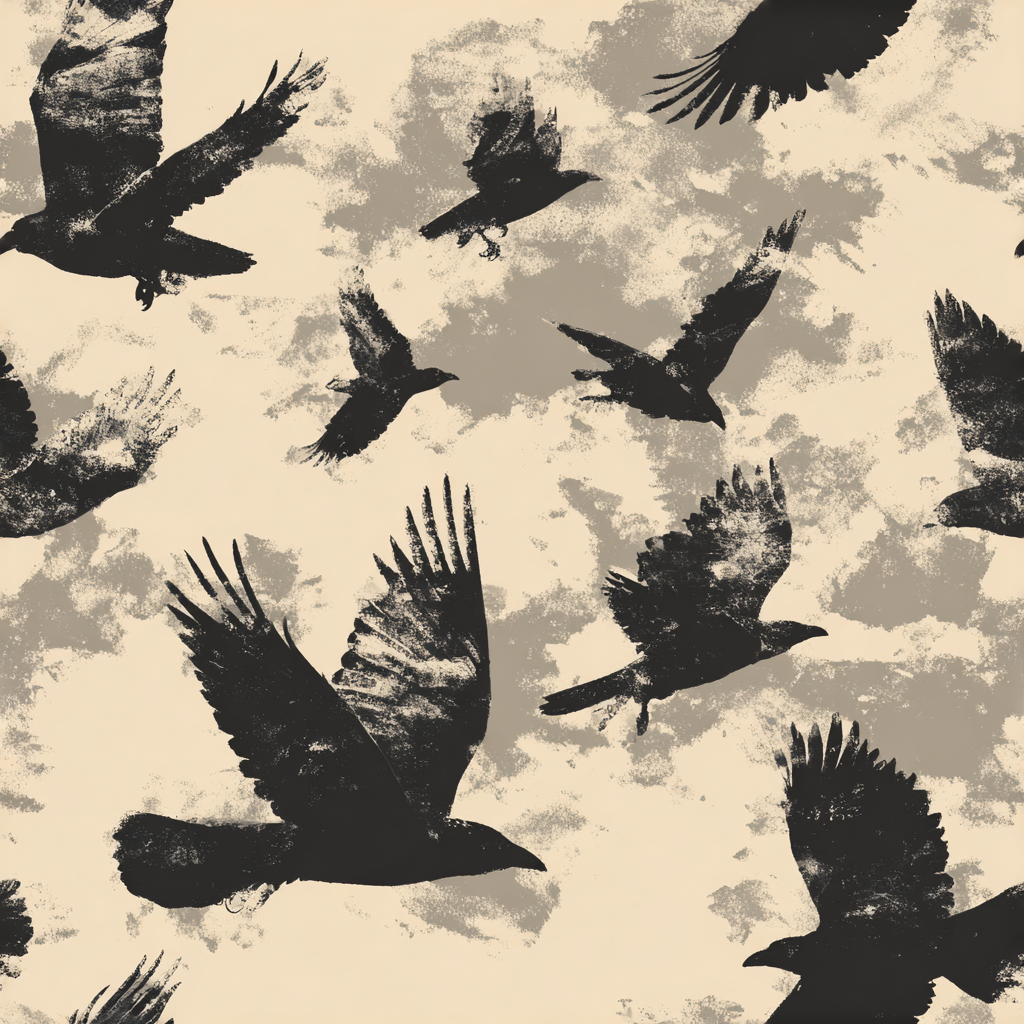 Patterned wallpaper with crow designs from Blackwing, featuring a textured beige and grey background.
