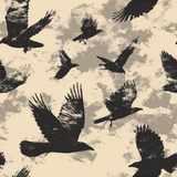 Patterned wallpaper with crow designs from Blackwing, featuring a textured beige and grey background.
