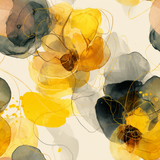 Floral wallpaper with yellow and gray blooms, featuring gold line accents.
