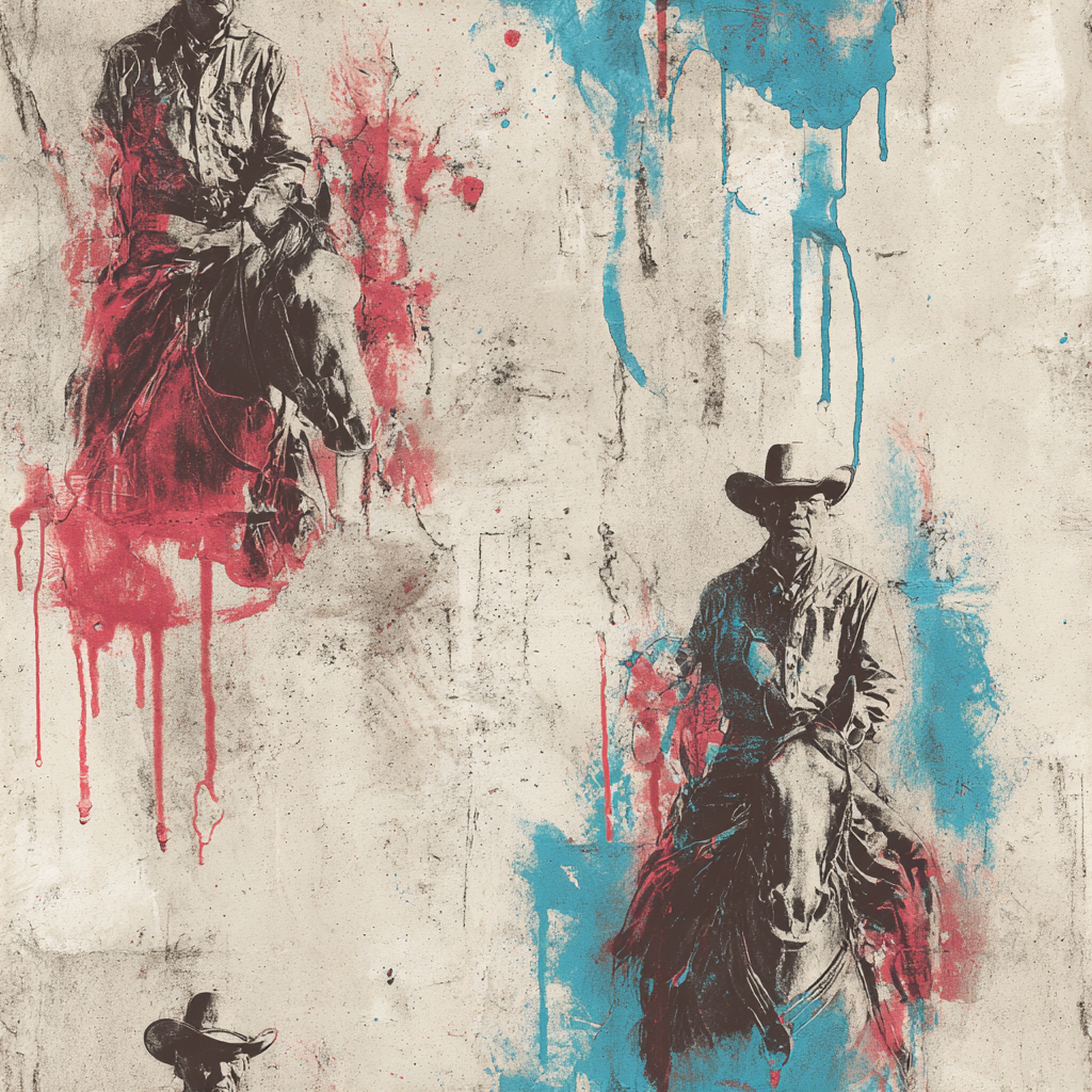 Frontier residue wallpaper with brown cowboy imagery, with splatters of blue and red.

